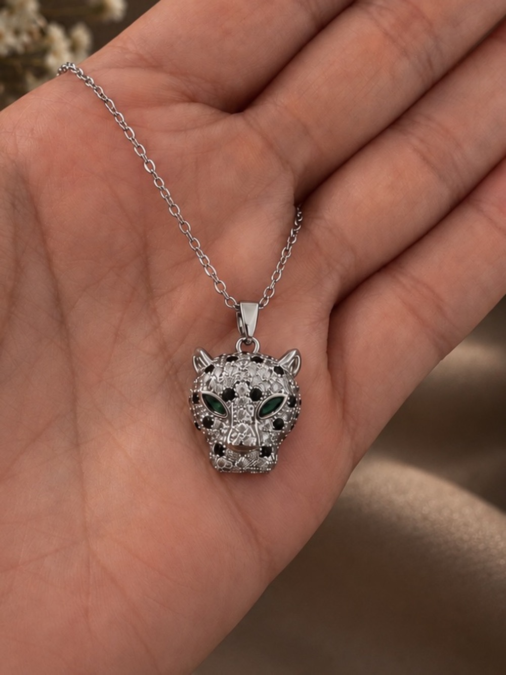 Panther Head Pendant Necklace with Green Eyes
